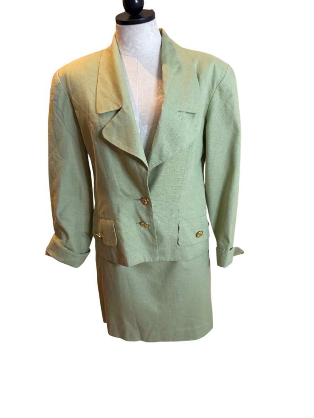 Banu Paris Womens Classic Tailored Skirt Suit Size 10 Green Lined USA Vintage